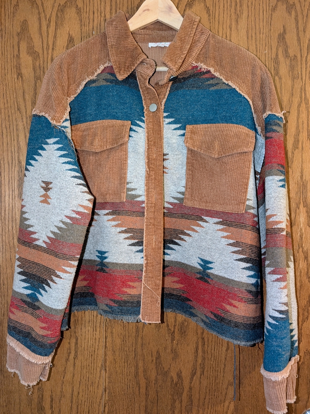 Southwest Pattern Corduroy Trim Jacket in Rust, Teal & Cream